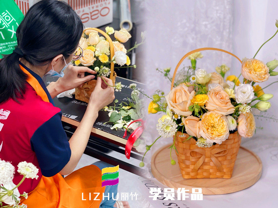 奶油系手提花籃特點(diǎn)，?廣西學(xué)花藝零基礎(chǔ)課程