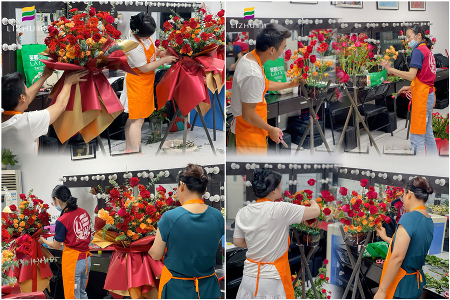 玫瑰開(kāi)業(yè)花籃制作，廣西插花師學(xué)校學(xué)員作品