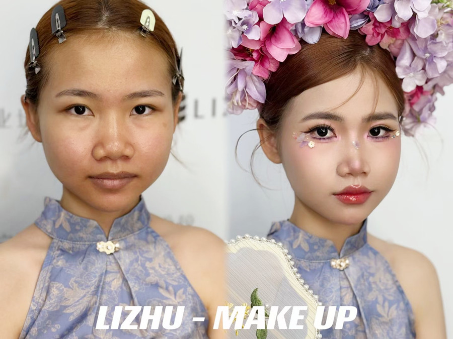 簪花造型課堂實況，廣西美妝課堂作品欣賞