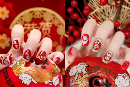 紅色喜慶卡通美甲，廣西美甲師學(xué)校整理