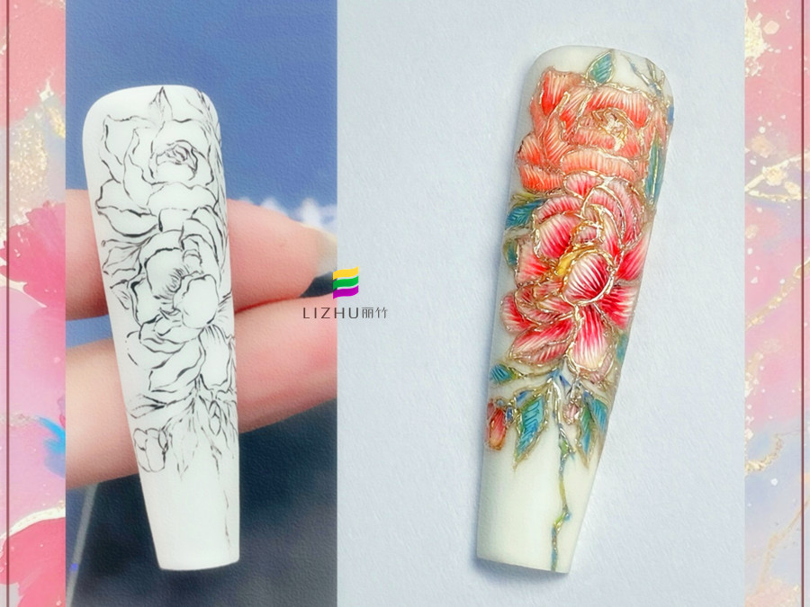 國(guó)風(fēng)刺繡牡丹美甲，廣西美甲設(shè)計(jì)學(xué)校作品