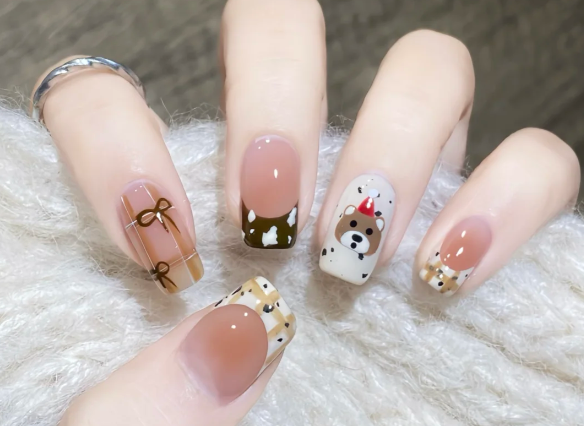 格紋手繪小熊美甲教程，南寧美甲教學分享