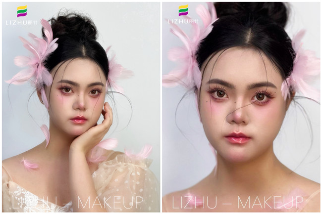 粉色羽毛寫真作品，廣西學(xué)化妝操作