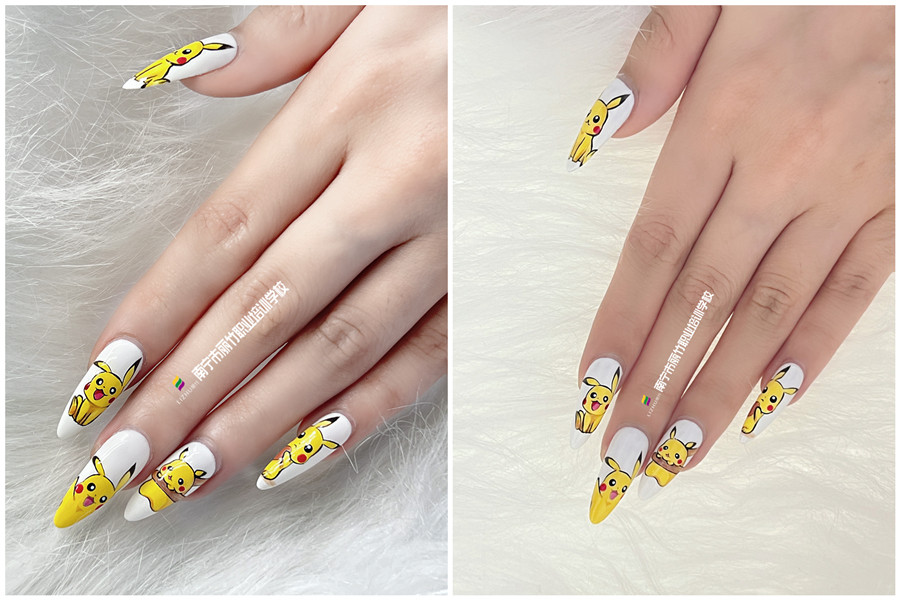 水彩比卡丘美甲，0基礎學美甲作品